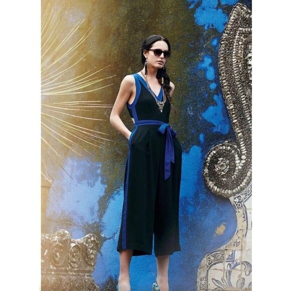 Anthropologie Elevenses Jumpsuit 10 Beca Blue Colorblock Wide Leg Copped Cut Out - Picture 2 of 15